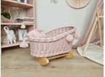 Culla Per Bambole In Vimini, Rosa Pallido, Con Pompon E Lenzuola - Legno
