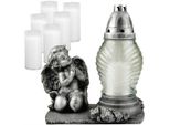 Lume Da Tomba In Vetro Con Angelo Orante In Argento (25 Cm) Incl. 7 Candele Di Ricarica