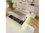 Letto Imbottito Idraulico Flieks 180X200Cm Con Funzione Di Carico, Letto Matrimoniale A Molle Insacchettate Letto Giovanile Con Led, Letto Contenitore Con Rete A Doghe, Lino, Beige