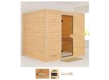 Sauna KARIBU Soraja, beige (naturbelassen), ohne Ofen, (ohne Ofen), Saunen, ohne Ofen