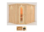 Sauna KARIBU Marit, beige (naturbelassen), ohne Ofen, (ohne Ofen), Saunen, ohne Ofen