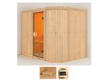 Sauna KARIBU Thyra 4, beige (naturbelassen), ohne Ofen, (ohne Ofen), Saunen, ohne Ofen