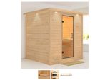 Sauna KARIBU Menja, beige (naturbelassen), ohne Ofen, (ohne Ofen), Saunen, ohne Ofen