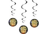 Unique Party - Decorazione Da Appendere "Buon Anno"" Confezione Da 3 Pezzi - Foglio, Cartone SG28541 (Taglia Unica) (Nero/Oro)"
