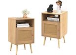 Costway Comodino In Rattan, Comodino In Legno, Tavolino Con Ripiano Aperto E Anta, Tavolino Da Divano In Stile Country 40 X 39 X 70 Cm (2)