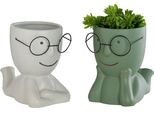 Gilde ÜBertopf, "Smile"", Gesichtsmotiv, Keramik, GrüN, , , L. 21,5 Cm, B. 13,5 Cm, H. 20 Cm 2 StüCk Wie Abgebildet 28616"