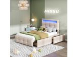 Letto Imbottito Merax 90X200Cm Con Led, Cassetti E Testata Regolabile In Altezza, Letto Per Ragazzi Letto Funzionale Letto Singolo Con Rete A Doghe E Rivestimento In Lino, Beige