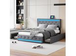 Letto Imbottito Fortuna Lai 160X200Cm Con Testiera Regolabile In Altezza E 4 Cassetti, Led E Usb, Letto Funzionale Letto Matrimoniale In Lino, Grigio