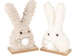 Coniglietto Pasquale Decorativo In Peluche Beige Bianco Base In Legno 18 Cm Set Di 2