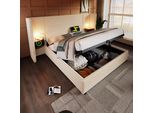 Letto Imbottito Idraulico Flieks 160X200Cm Con Comodino E Funzione Cassetto, Letto Matrimoniale Contenitore Letto A Molle Con Lampada Da Lettura, Tessuto A Coste, Beige