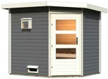Saunahaus KARIBU Tore, grau (terragrau), ohne Ofen, (ohne Ofen), Saunen, moderne Tür