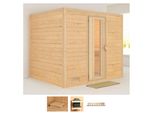 Sauna KARIBU Soraja, beige (naturbelassen), ohne Ofen, (ohne Ofen), Saunen, ohne Ofen