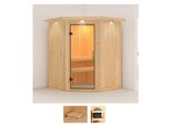 Sauna KARIBU Larin, beige (naturbelassen), ohne Ofen, (ohne Ofen), Saunen, ohne Ofen