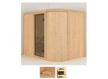 Sauna KARIBU Thyra 4, beige (naturbelassen), ohne Ofen, (ohne Ofen), Saunen, ohne Ofen