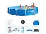 Piscina Intex Con Struttura Rotonda - 366 X 76 Cm - Blu - Incluso Pacchetto Manutenzione Pompa - Filtro - Telo Di Fondo - Materassino Solare - Scaletta - Pediluvio