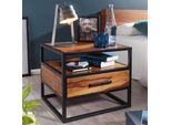 Finebuy Console Da Letto In Legno Massiccio Sheesham Con Cassetto - Comodino Dal Design Industriale Con Struttura In Metallo Comodino Per La Camera Da Letto 50X45X45 Cm