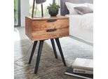 Finebuy Comodino In Legno Massiccio Di Acacia - Comodino Con 2 Cassetti E Gambe In Metallo Nero, Comodino Per Letto A Molle, Design Industriale