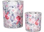 Set Di 2 Portacandele Clayre & Eef Ø 7X8 / 10X13 Cm Fiori Di Vetro Grigio