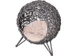 Pawhut Casetta Per Gatti In Rattan Con Cuscini Zona Notte Per Gatti Grotta Per Gatti Con Piedini Rialzati Grigio Argento Ø52 X 58 Cm