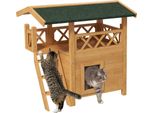 Casetta Per Gatti Pawhut Con Tetto In Asfalto, A 2 Piani, Casetta Per Gatti Con Balcone, Villa Per Gatti Con Scale, In Legno Massiccio, Naturale, 77 X 50 X 73 Cm