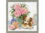 Kit Per Ricamo A Punto Croce Design Works "Cucciolo Con Rose"", Schema Contato, 25X25Cm"