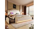 Letto Imbottito Flieks 180X200Cm Con Usb E Type-C, Letto Contenitore Letto Matrimoniale Con 4 Cassetti E Led, Letto In Legno Letto Giovanile Con Rete A Doghe, Velluto, Beige