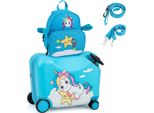 Costway 2 Pezzi Valigia Per Bambini + Zaino, Trolley Per Bambini Da 12"+18"" Con Ruote E Guscio Rigido Impermeabile, Bagagli Per Bambini, Valigia Con Ruote E Zaino Per Bambini E Bambine (Unicorno Blu)"
