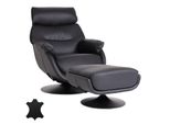 Relaxsessel Mit Hocker MCW-K99, Fernsehsessel Sessel, Wippfunktion Drehbar, Metall Echtleder/Kunstleder ~ Schwarz
