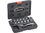 Vigor V5202 Set Di Chiavi A Bussola ∙ A Profilo Super Ribassato ∙Quadro Cavo Da 1/4 Di Pollice (6,3 Mm) ∙ Profilo Esagonale Esterno ∙ 4 - 14 ∙ Numero Di Utensili: 25