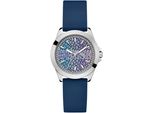 Quarzuhr GUESS MENAGERIE, blau, Armbanduhren, Damen, Armbanduhr, Damenuhr, Silikonarmband, Mineralglas, analog