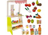Bancarella In Legno Per Bambini Con Tenda E Accessori 25 Pezzi Verdura Frutta Alimentari Registratore Di Cassa Bilancia Lavagna Negozio 24888