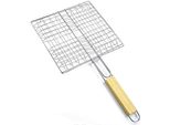 Portavivande Per Barbecue Con Manico In Legno | Cestello Per Grigliate Di Pesce, Verdure, Bistecche, Scampi E Cotolette | Griglia In Metallo 23 X 21 Cm | Cestello Per Verdure, Hamburger, Girarrosto | Cestello Per Grigliate | Griglia Per Barbecue