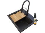 Granitan | Granitspüle FOXAL - Schwarz - inklusive NEXO Küchenarmatur - mit Holzbrett und Pflegeprodukt
