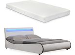 Letto Imbottito Corium® Led 'Valencia' Con Materasso - 140 X 200 Cm - Ecopelle Bianca - Con Rete A Doghe E Illuminazione Rgb