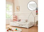 Letto Per Bambini 'Sisimiut' In Look Casa Con Materasso E Protezione Anticaduta In Legno Di Pino 120 X 200 Cm Bianco