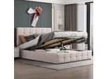Letto Merax A Molle Idrauliche 140X200Cm Con Rete E Testata Regolabile In Altezza, Letto Imbottito Con Rete A Doghe Metalliche E Contenitore, Letto Matrimoniale In Velluto Con Contenitore, Letto Funzionale, Bianco Crema