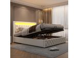 Letto Imbottito Flieks Con Contenitore E Rete A Doghe, Letto A Molle 140X200Cm Matrimoniale Con Led, Letto Contenitore Funzionale, Bianco