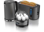 Arendo - Wasserkocher mit Toaster und Eierkocher SET Edelstahl Grau Wasserkocher 1,5L 40° - 100°C, Toaster 4 Scheiben LED-Display 6 Bräunungsgrade Eierkocher 1-7 Eier Messbecher BPA frei