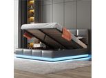 Letto Imbottito Merax 160X200Cm Con Rete E Led, Testata Regolabile In Altezza E Contenitore Idraulico, Letto Matrimoniale In Pelle Finta, Grigio