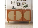Cassettiera Merax Con 6 Scomparti, 3 Ante In Rattan E Gambe In Metallo, Mobili Da Soggiorno In Rattan In Legno Massiccio In Stile Vintage, 129,8*40*76Cm