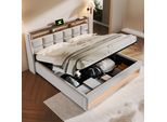 Letto Imbottito Flieks 180X200Cm Con Usb, Letto Per Ragazzi Letto Matrimoniale Con Rete A Doghe E Contenitore, Letto Contenitore Con Led, Lino, Beige