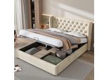 Letto Imbottito Flieks 160X200Cm, Letto A Molle Idrauliche Con Rete A Doghe, Letto Contenitore Letto Matrimoniale Letto Giovanile Con Contenitore, Letto Funzionale In Velluto, Beige