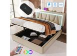 Letto Imbottito Merax Led 160X200Cm Con Funzione Di Ricarica Usb E Type-C, Letto A Molle Idrauliche Con Contenitore, Letto Contenitore Matrimoniale, Beige