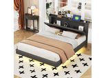 Letto Imbottito Merax 160X200Cm Con Illuminazione Led E Connessione Usb, Letto Matrimoniale Con Giroletto E Testiera Contenitore, Letto Contenitore, Lino, Grigio