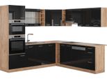 Vicco Cucina Angolare Completa R-Line, 237 X 247 Cm Senza Piano Di Lavoro, Nero Lucido/Quercia Dorata