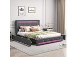 Letto Imbottito Fortuna Lai 160X200Cm, Letto Matrimoniale Contenitore, Con Rete A Doghe E 4 Cassetti, Illuminazione Led, Lino, Grigio