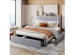 Letto Imbottito Fortuna Lai 160X200 Cm, Testata Con Porta Di Ricarica Usb E Mensola, Letto Matrimoniale Con 4 Cassetti, Letto Multifunzionale Per Ragazzi, Tessuto Di Lino, Grigio