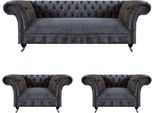 Set Di Divani 3 Pezzi Mobili Grigio Soggiorno Imbottito Arredamento Chesterfield