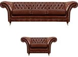 Set Marrone 2 Pezzi Divano A Tre Posti Poltrona In Pelle Chesterfield Soggiorno