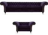 Set Completo 2 Pezzi Divano A Tre Posti Chesterfield Poltrona Viola Soggiorno Nuovo